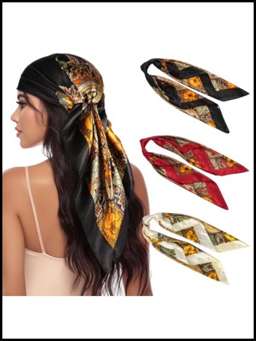 3 Pc Satin Hair Scarves 35" Large Square Silky Bandanas for Women